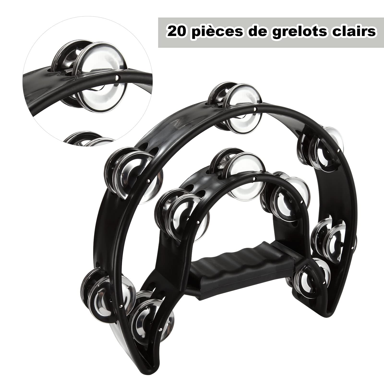 MIVIDE 4pcs Tambourin Demi-Lune, Tambourine Adulte Avec 40 grelots, Tambourin à Main pour Fête, Musiciens(Noir)
