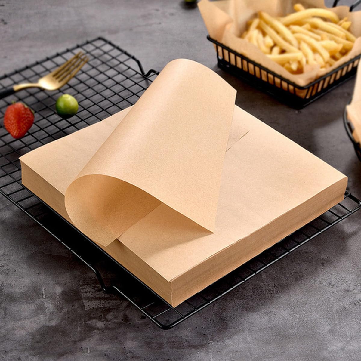Papel Absorbente de Aceite para Freír 20x20 Cm, Papel para Hornear Resistente al Calor, Color Marrón Natural, 500 Hojas para Snacks y Catering, Tapete para Refrigerios y Frituras