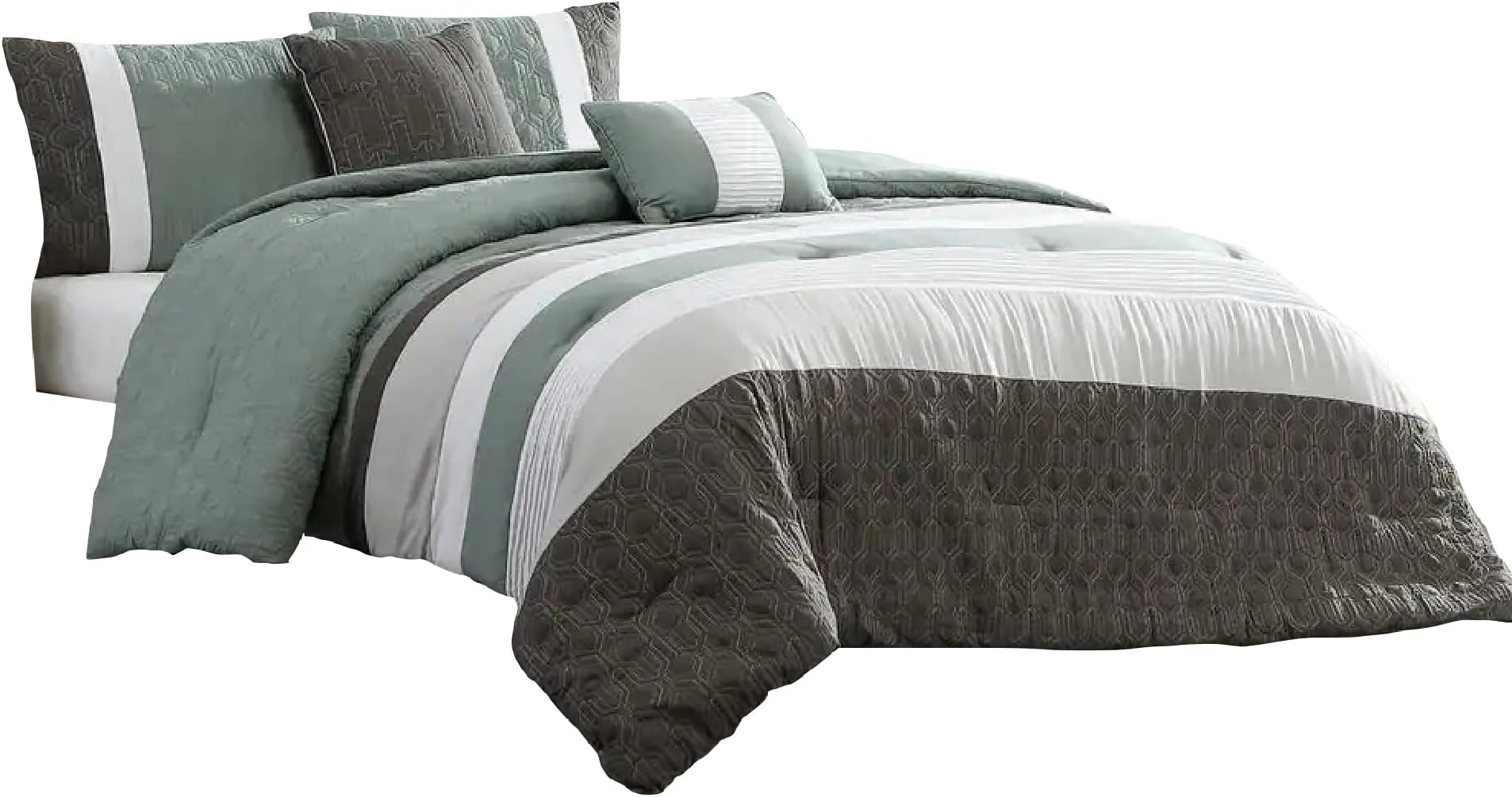 Benjara Owen 5 Piece Queen Comforter Set, Striped White Green, Gray
