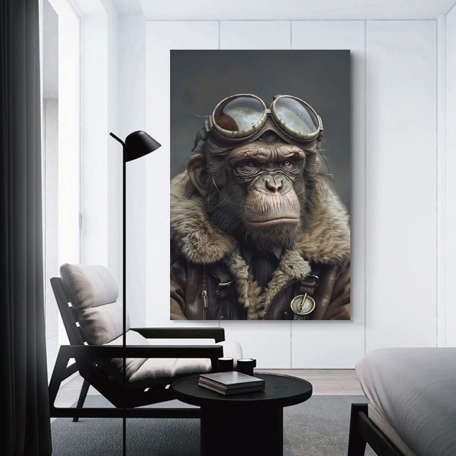 Junmoney Chimpanzee Pilot in Vintage Aviator Gear Hanging Wall Art, 16x24inch(40x60cm), for New Homes, Bedrooms Or Workspaces, Thoughtful Wall Decor for Art Lovers
