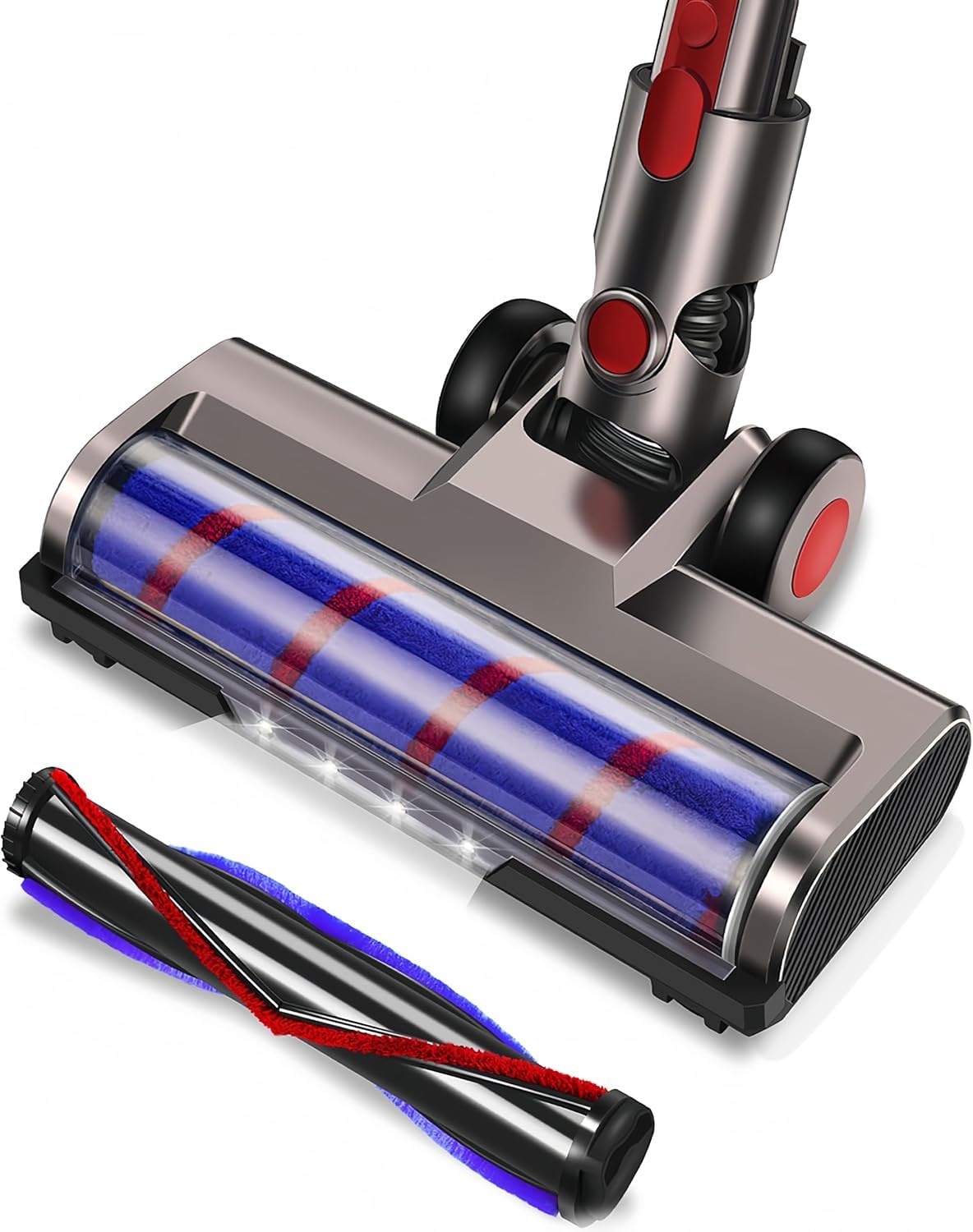 Staubsaugerkopf-Ersatz für Dyson V7 V8 V15 V10 V11 SV14 SV12 SV11 SV10 Staubsauger mit 4 LED-Scheinwerfern und 2 Ersatz-Bürstenrollen, Bürstenkopf-Ersatz für Hartholzböden und Teppiche, Aufsatz