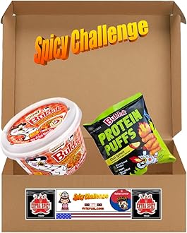 Generic Spicy Buldak Rose Wide Flat Glass Noodle Bowl(169.4g) + Protein Puffs(50g) Assorted Challenge Box (Rose+Puffs (1+1))