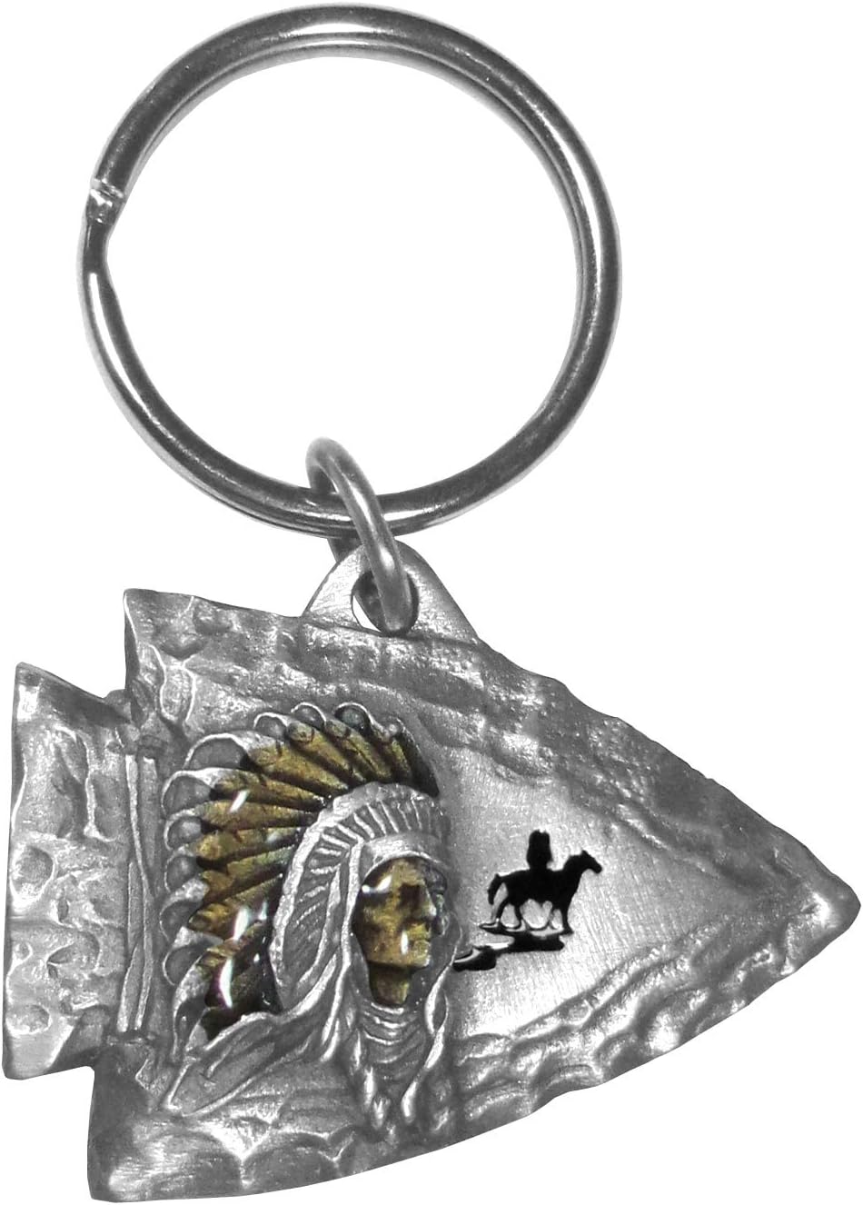 Native American Chief on Arrowhead Metal Key Chain with Enameled Details