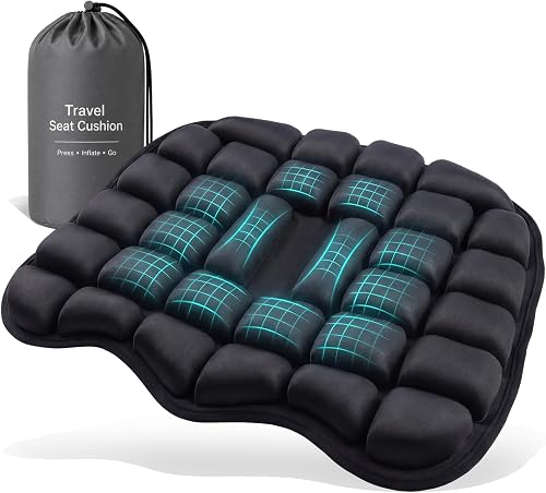 Press-to-Inflate Airplane Seat Cushion with 32 Large Air Cells, Portable Inflatable Travel Cushion for Long Flights, Office Chair, Car and Wheelchair, Adjustable Firmness, Non-Slip Bottom