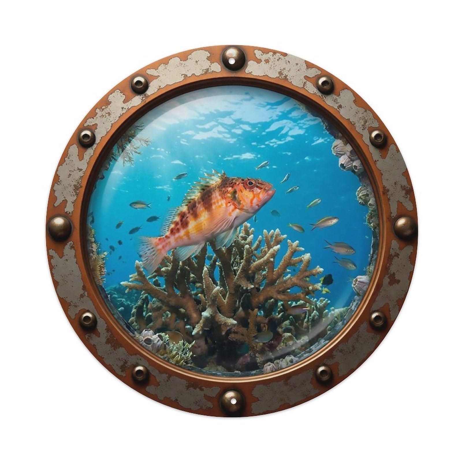 Odgynaw 8X8inch(20X20cm) Vintage Porthole Hawkfish Nautical Window View Metal Tin Sign