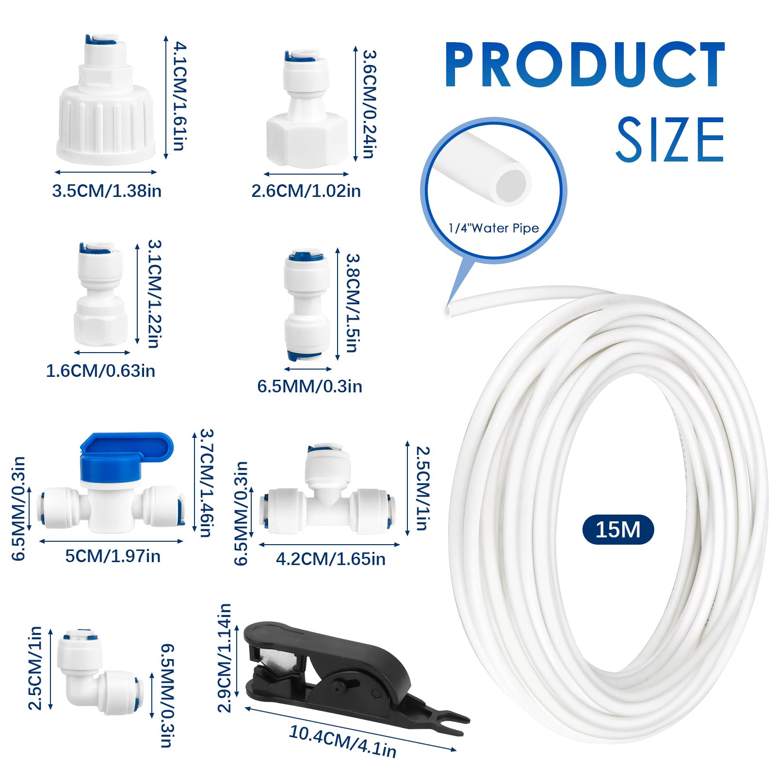 Kit de Raccordement D'eau pour Réfrigérateur de 15m, Tuyau D'alimentation en Eau Tube de Filtre Pièces et Accessoires, Matériau POM Tuyau Frigo Alimentation en eau pour Réfrigérateurs,Aquarium（1/4"）