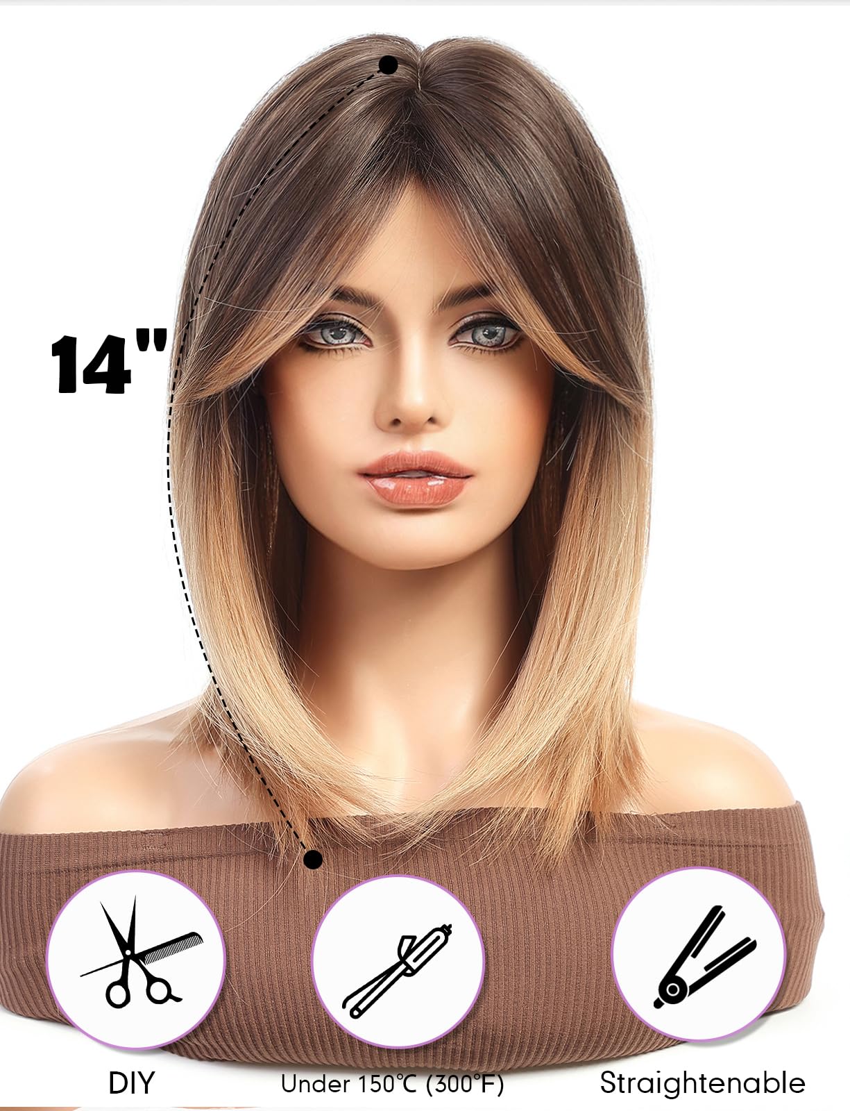 WOKESTAR Bob Wig with Fringe Short Ombre Champagne Blonde Color Wigs for Women Bob Style Synthetic Heat Resistant Bob Wigs - Image 3