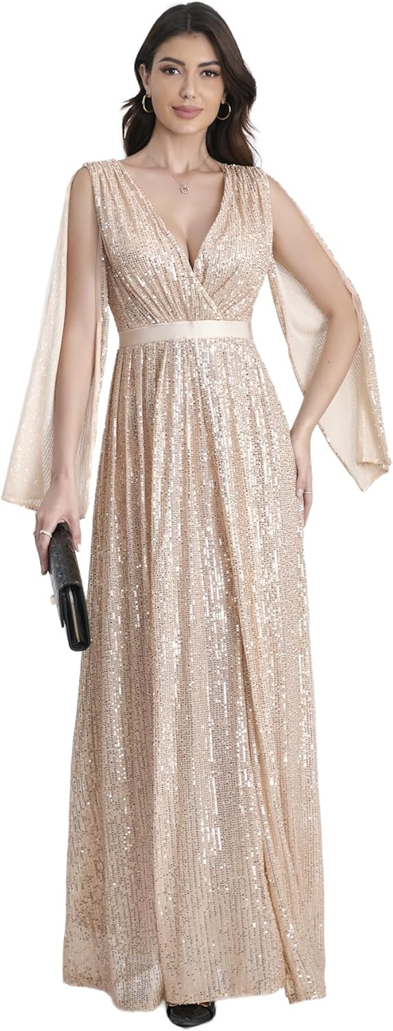 Women's Sequins Deep V Fashion Slit Shoulder Maxi Dresses Formal Evening Gowns.
