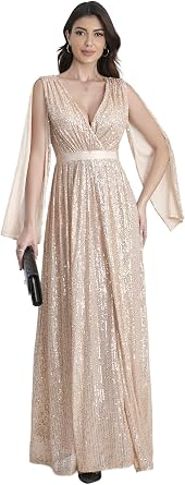 Womens Sequins Deep V Fashion Slit Shoulder Maxi Dresses Formal Evening Gowns.