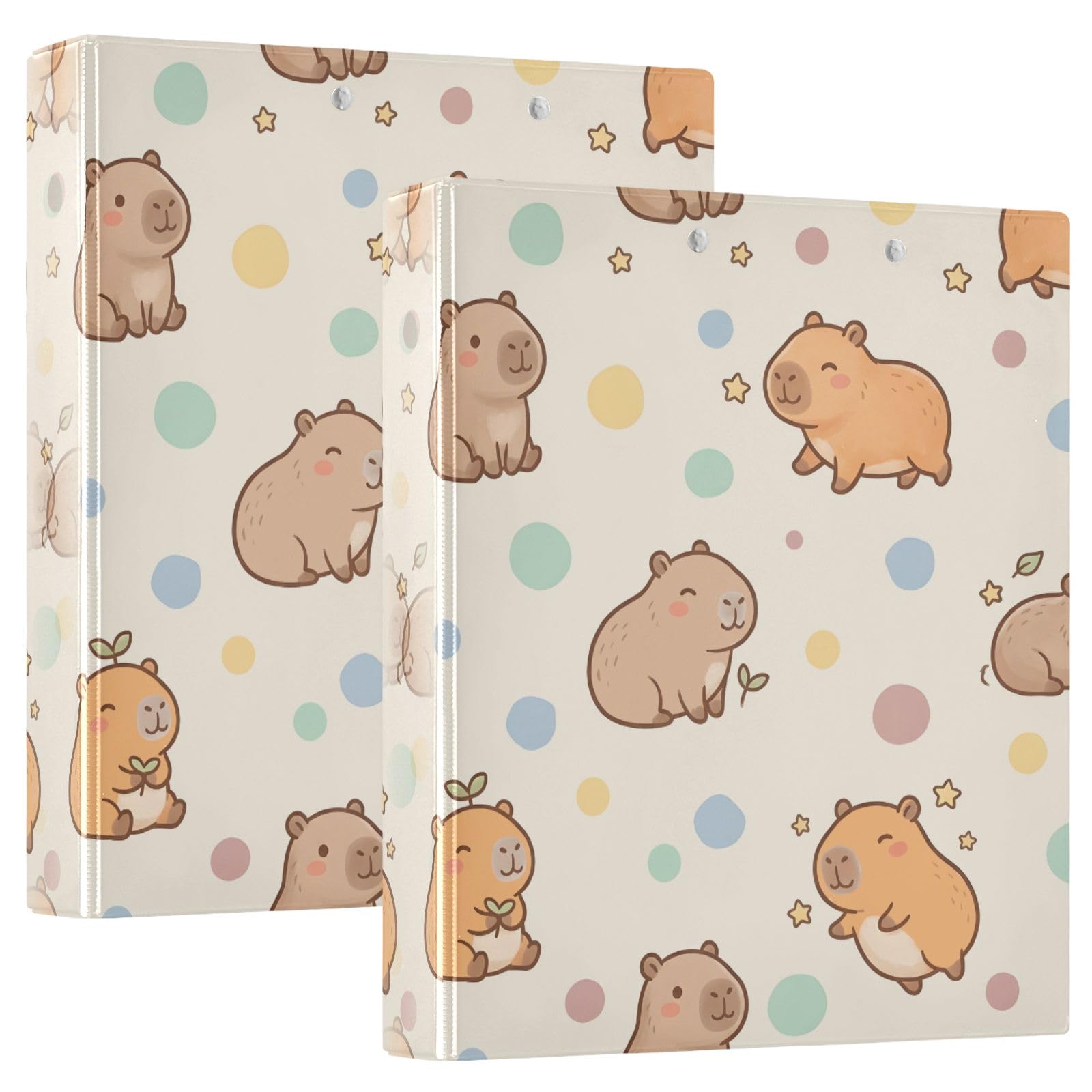 Raccoglitore a 3 anelli con motivo a pois Capybara, 3,8 cm, anelli rotondi, contiene 200 fogli, 3 raccoglitori ad anelli con clip in metallo antiscivolo