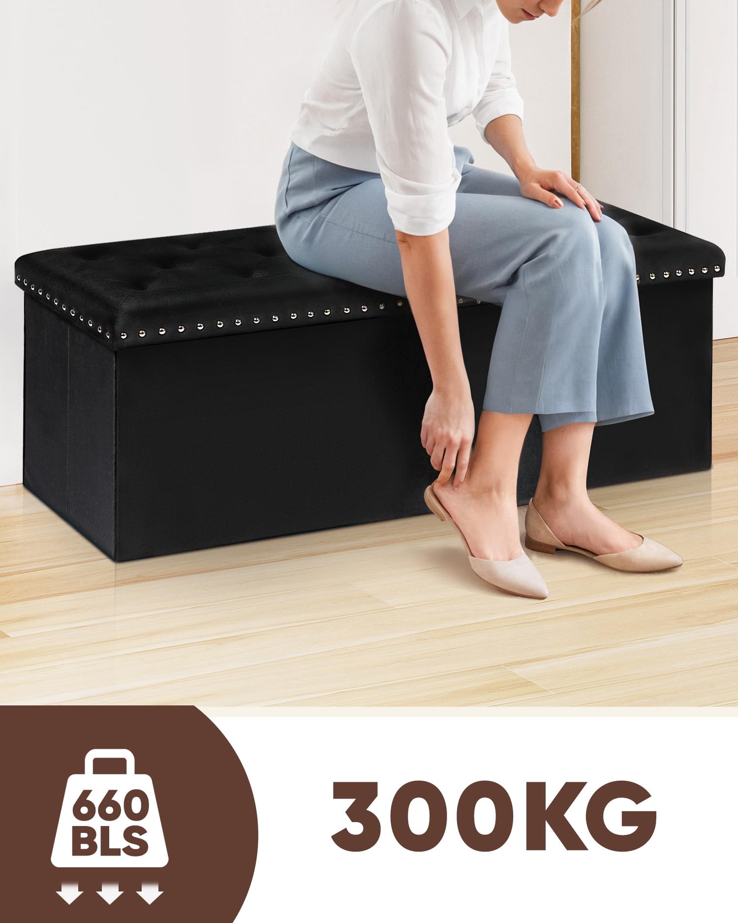 Bonlife Luxe klapklinknagel fluweel opbergkist kruk voetenbank hal schoenenkast slaapkamer zwart, 110x40x40cm