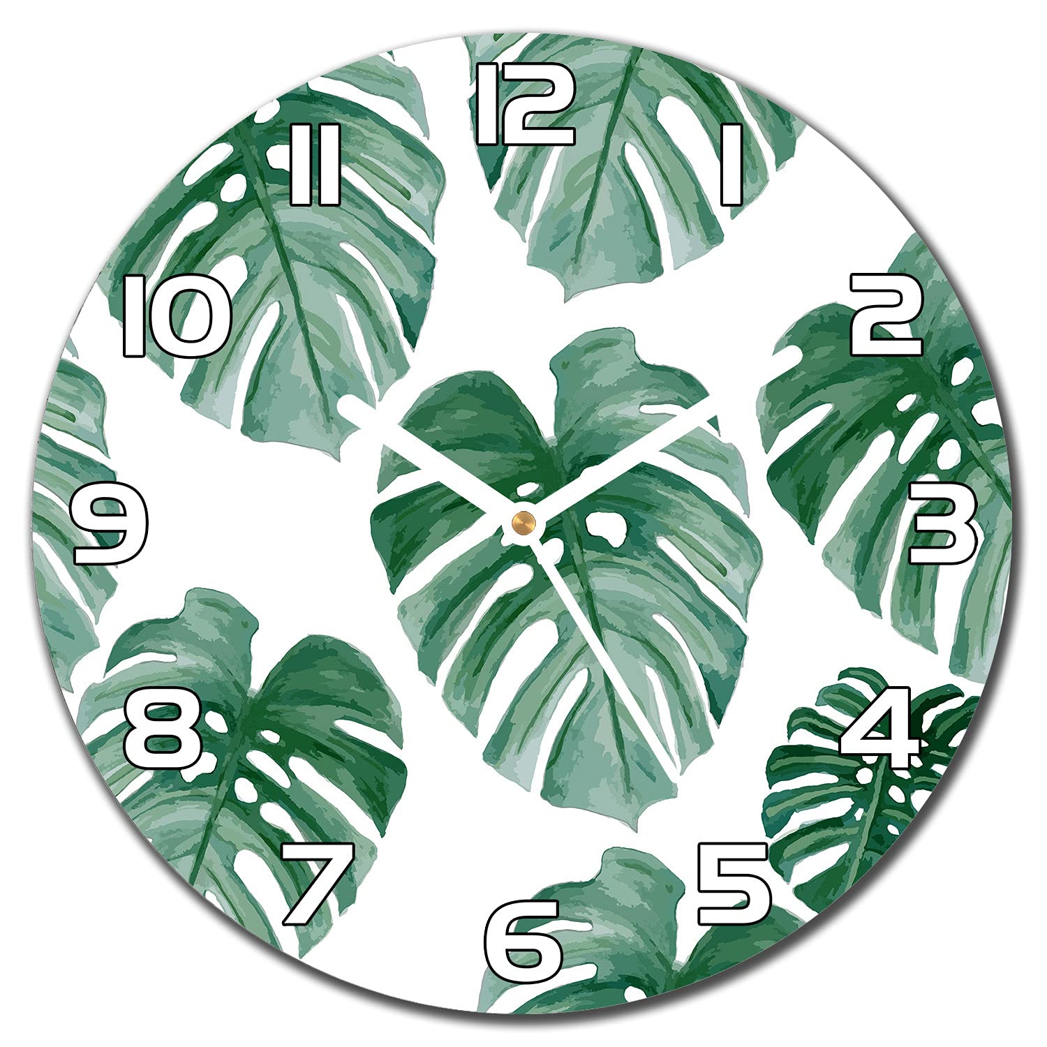 Horloge en verre 30 cm de cuisine et salon avec aiguilles blanches motif Monstera