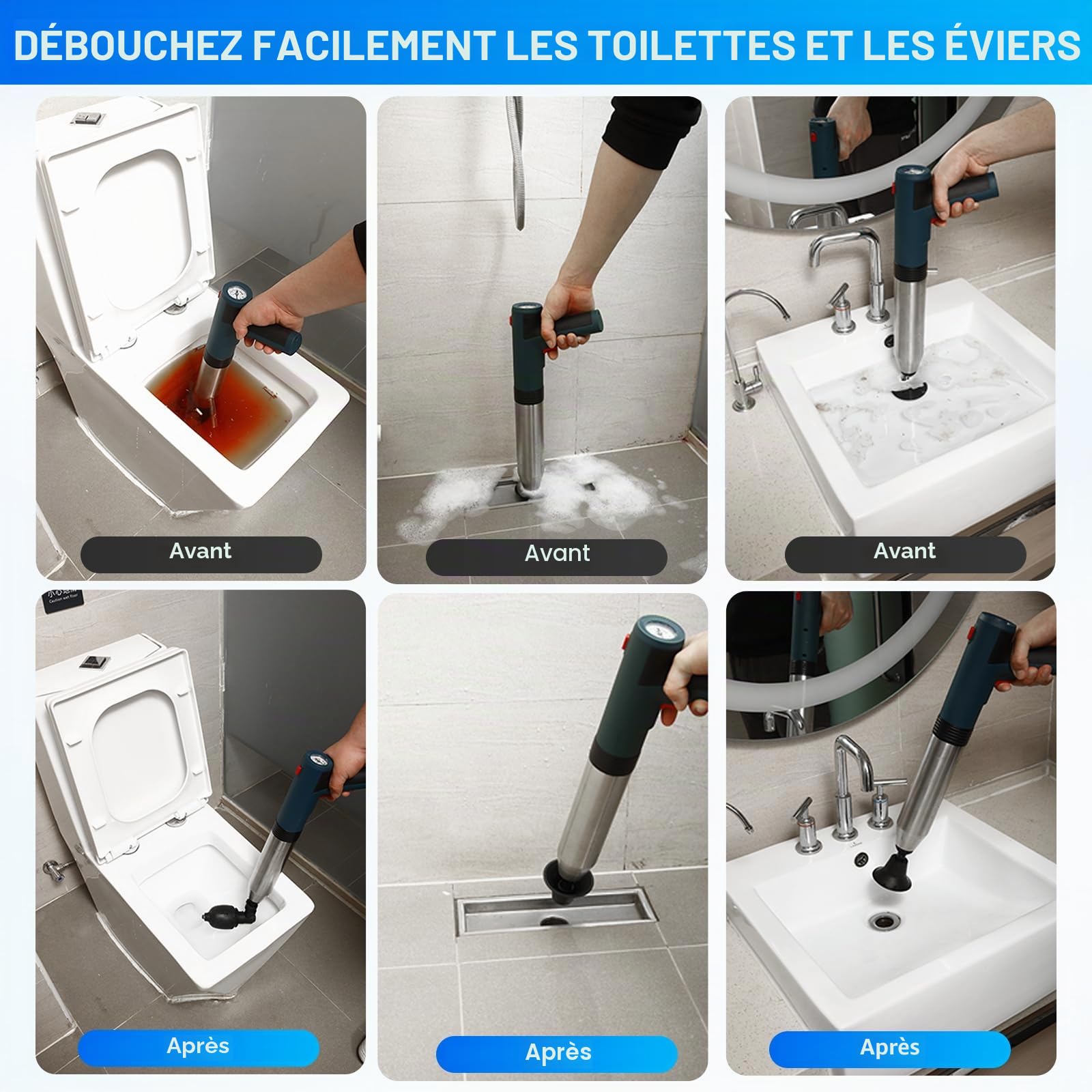 Électrique Déboucheur de Canalisations, Électrique Déboucheur à Ventouse, Air Comprimé Déboucheur de Furet pour Toilette, WC, Lavabo, Douche