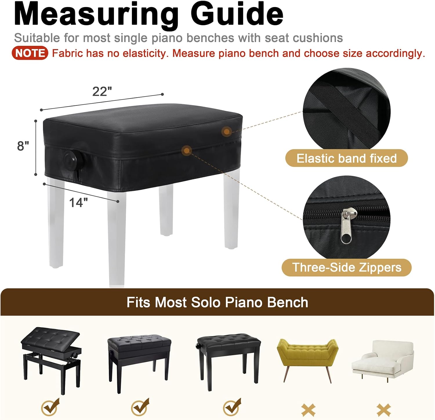 Explore Land Piano Bench Cover with Zipper -Waterproof and Thicken Leatherette Slipcover Fit Piano Stool Artist Seat Cover - 22" Lx 14" Wx 8" H