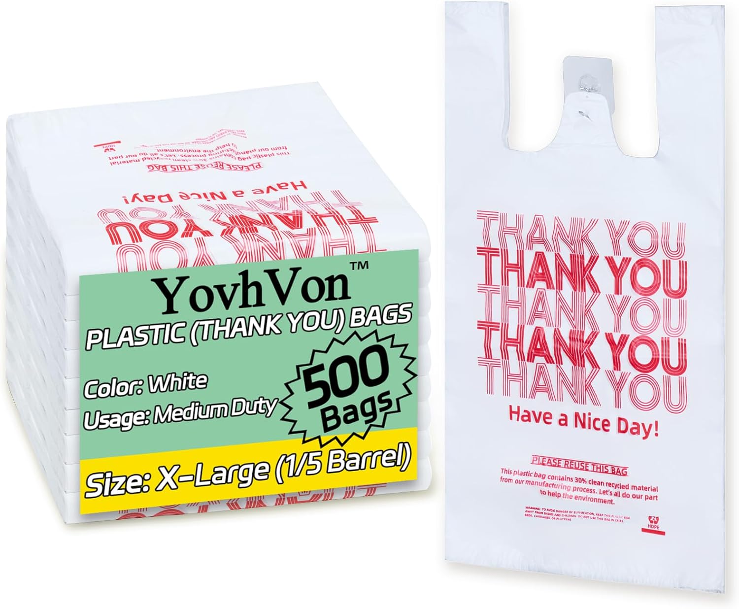 Extra Large 500 Count Plastic Bags with Handles, T-Shirt Bags, Thank You bags, Shopping Bag, Grocery bag, |for Store, Carry, Pack|, White, 1/5 Barrel, X-Large Size 13″x8″x23″