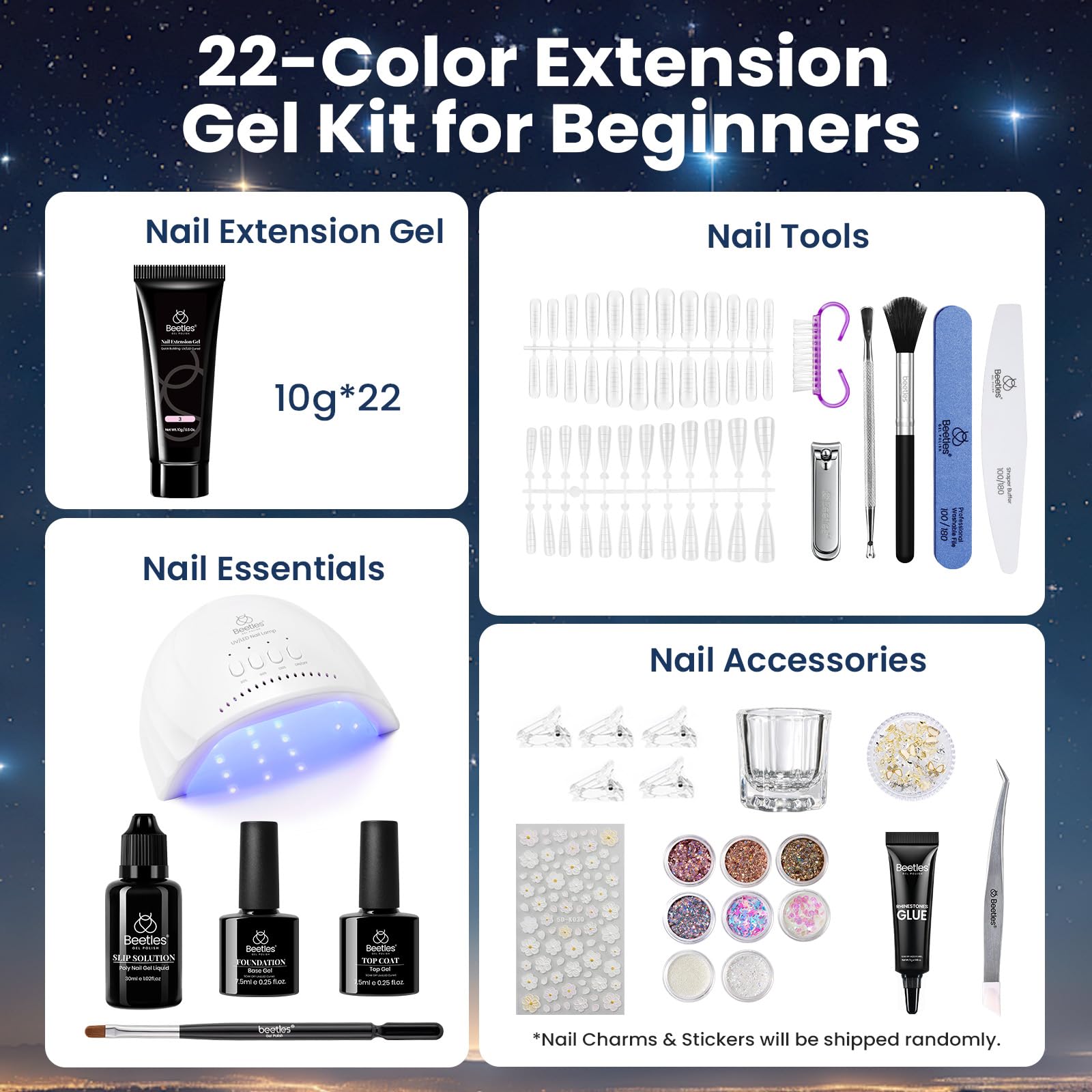 Beetles Poly Nail Gel Kit - 6 Colors Jelly Nude Extension Kit with Slip Solution Builder Nail Enhancement for Beginner & Professional Long Lasting DIY Home Gift for Women, UV & LED Needed: Dazzling Night