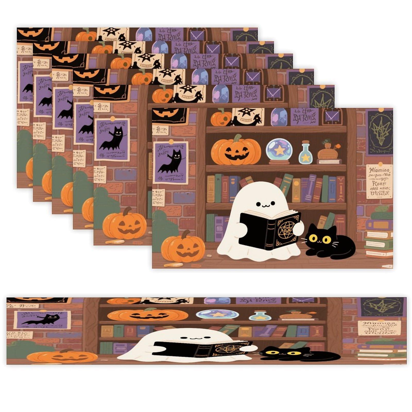 Cute Ghost Table Runner and Placemats Set of 7 Linen Table Mat Non-Slip Place Mats Washable Placemat Heat Resistant Place Mat with Table Runner for Party Dining Decor