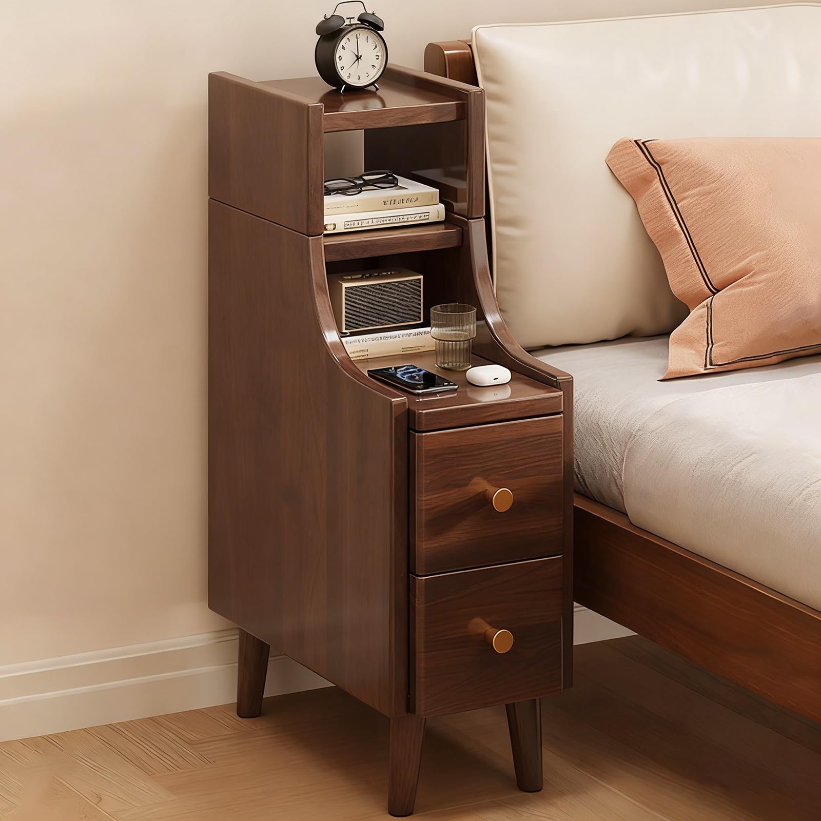 Table de chevet étroite 2 tiroirs petit espace meuble d'appoint bois massif marron