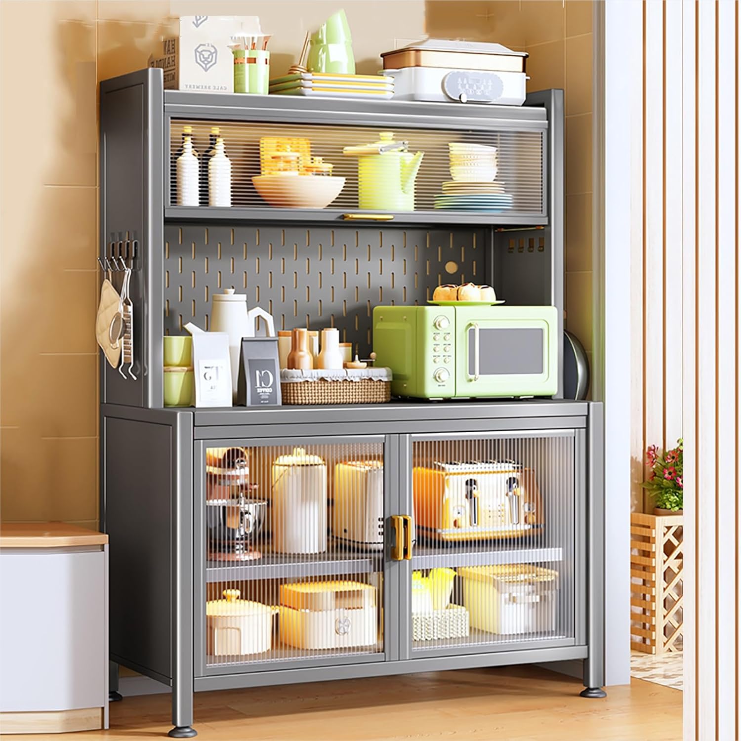 5-Tier Kitchen Storage Cabinet, Kitchen Bakers Rack, Freestanding Metal Storage Cabinet with Double Door Design, Microwave Stand with DIY Backplane Creative, Microwa