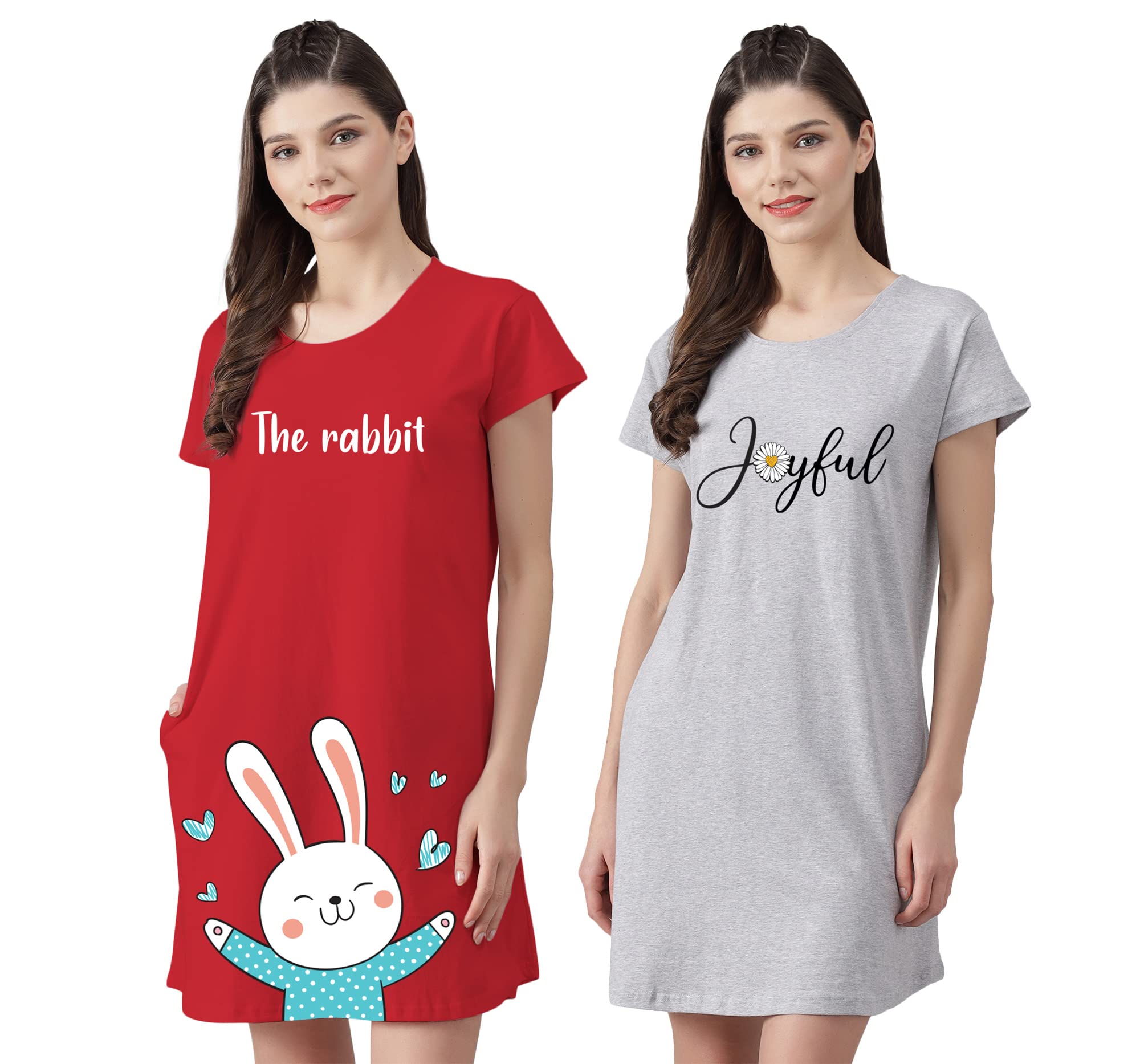 Women’s Cotton Nighty | Printed Knee Length Nighty |Short Sleeve Nighty |Short Nightdress| Grey and Red Color| Long T-Shirt | Sleepwear & Casual Wear Nighty (Pack of 2)