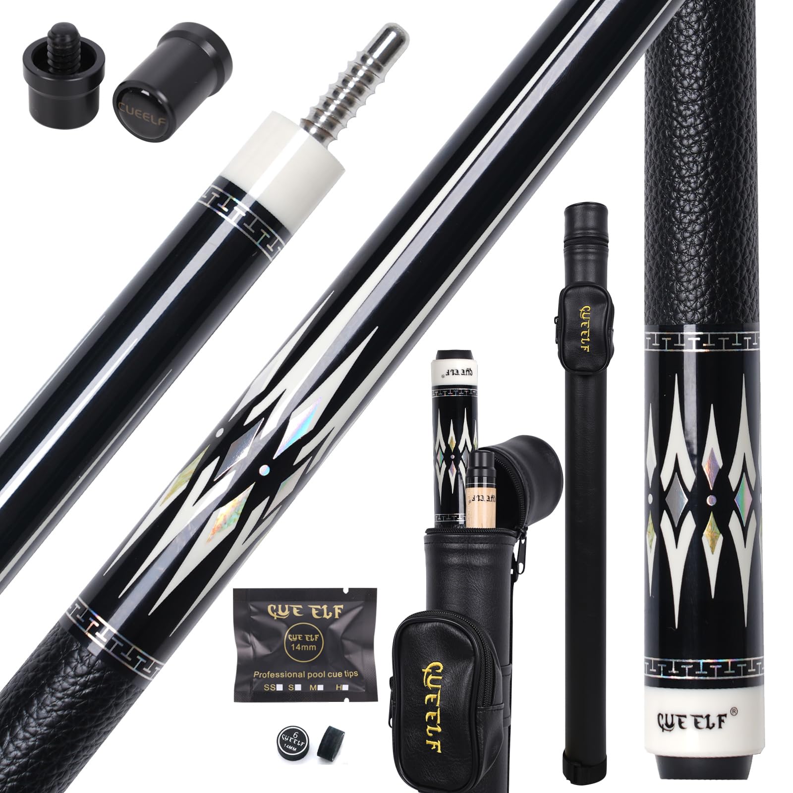 CUEELF 2-Piece Professional Pool Cue Set 58″ Low Deflection Shaft Pool Cue with 12.5mm Tip Pool Stick Featuring Premium Leather Grip (WD-CA23-09, 21 oz)