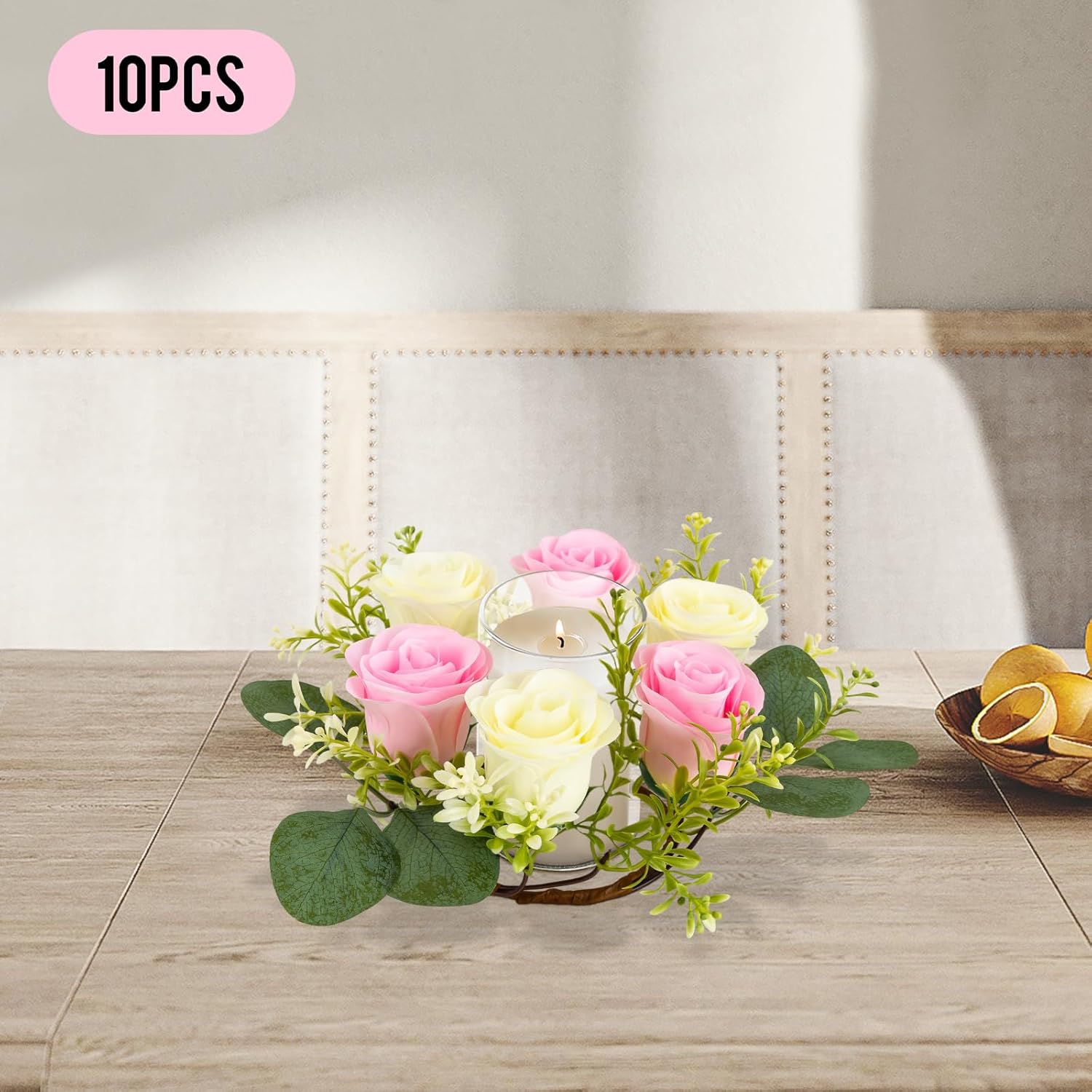 Candle Wreaths, 8.27 * 3.15In 10Pcs Wedding Rose Candle Ornaments Indoor Christmas Candleholders Decor Party Table Artificial Floral Rings Decorations for Home, Windows, Doors (Pink+Cream+Green)