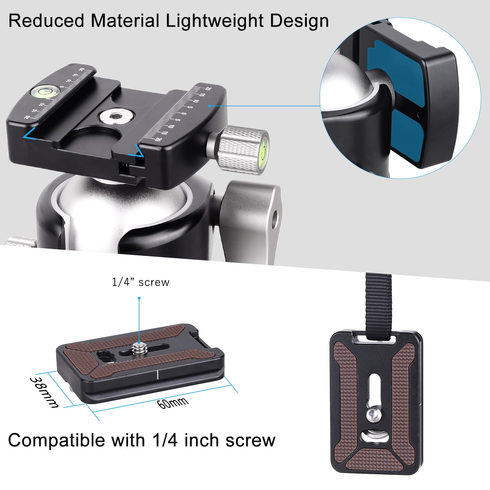 Testa a sfera a profilo basso ARTCISE, testa per treppiede in metallo da 50 mm compatibile con piastra di sgancio rapido Arca 1/4" per treppiede monopiede fotocamera DSLR, capacità di carico: 30kg