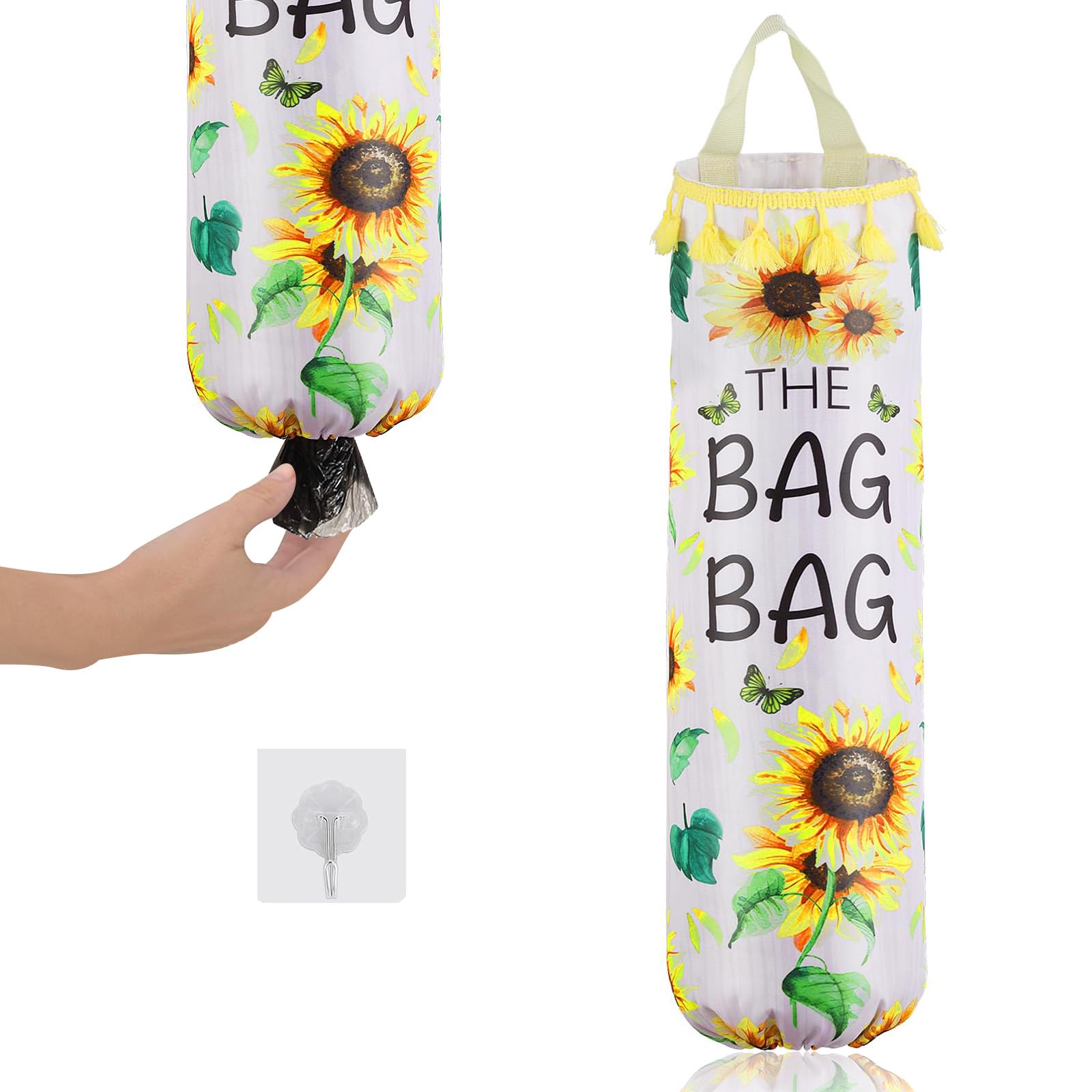 AOOTUERL Sonnenblumen-Plastiktütenhalter für Küche, Tragetaschen-Aufbewahrung, Plastiktütenhalter mit klebrigen Haken, Plastiktüten-Organizer und 