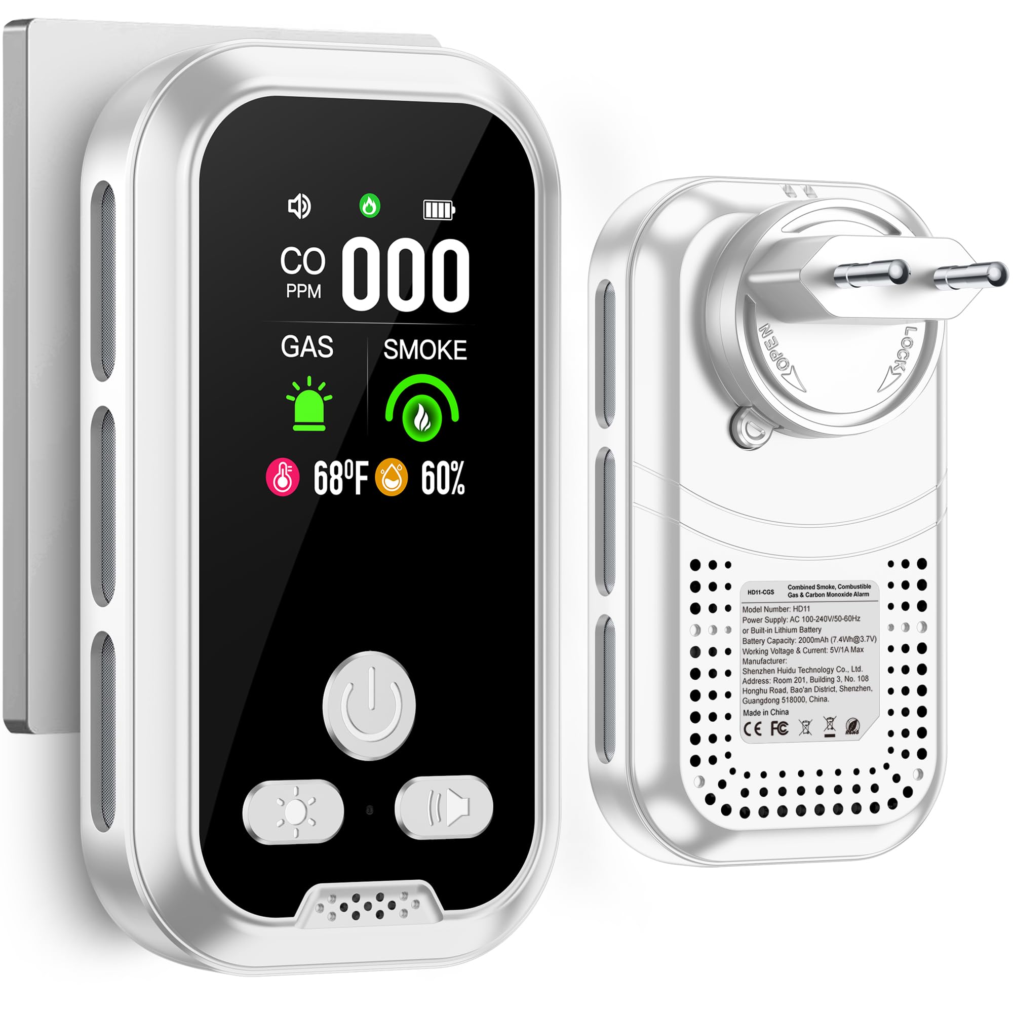 Czujnik dymu Gedsffati Plug in 5w1 Wykrywacz tlenku węgla Kombinacja detektora gazu, z akumulatorem 2000mAh, ekran HD 2.1'' [CO Monitor temp wilgotności gazu dymu] Plug&Play dla domowego, biały