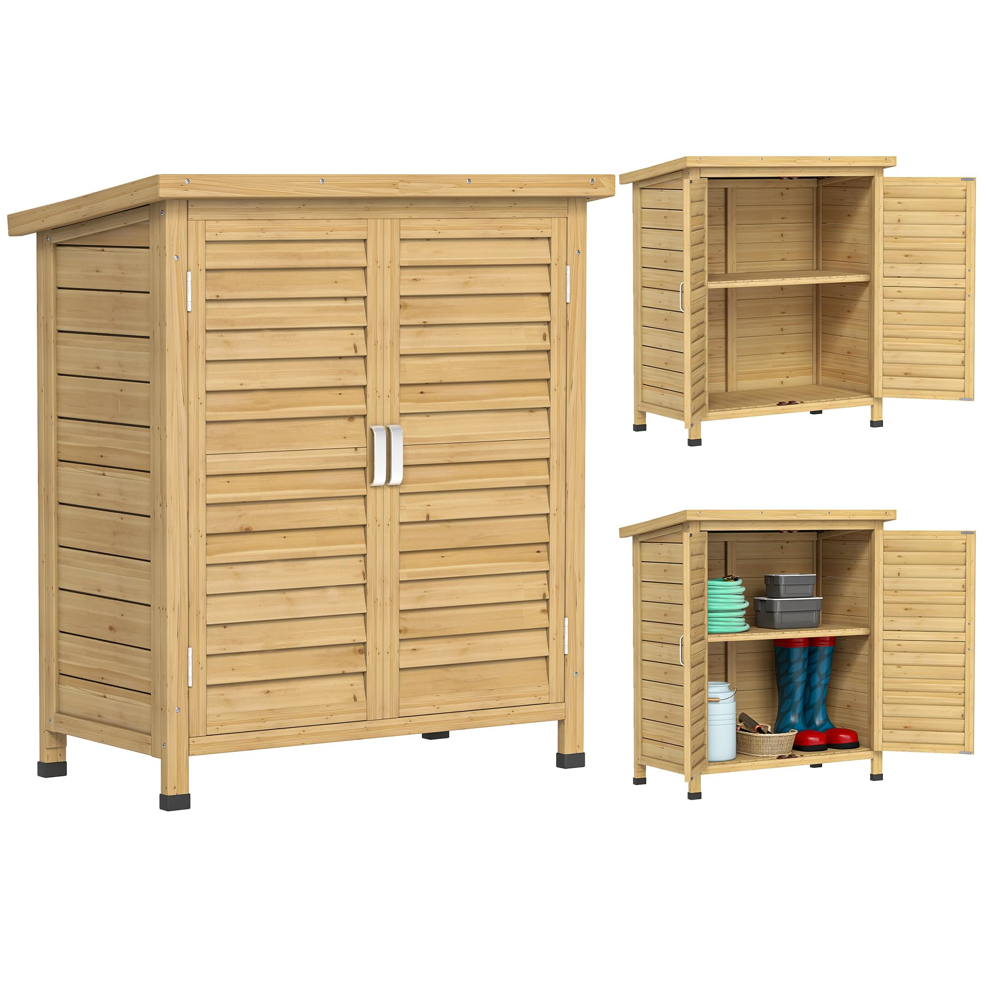 Outsunny Cobertizo de Almacenamiento de Madera para Jardín 87x46,​5x96,​5 cm con 2 Estantes Interiores 2 Puertas de Buena Ventilación y Techo Inclinado para Exterior Terreza Natural