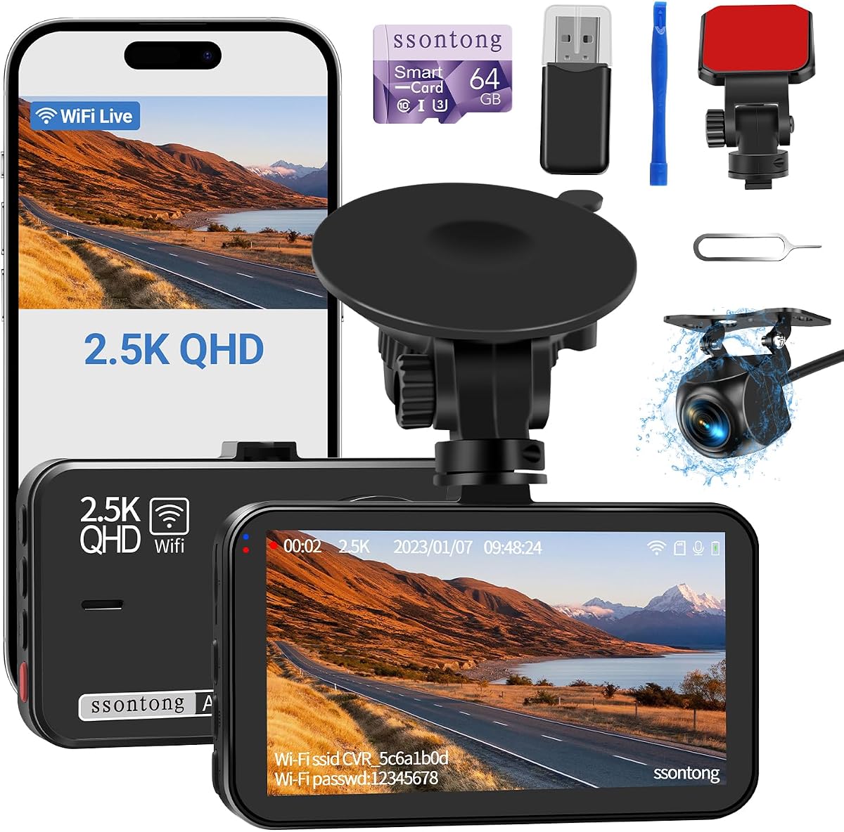 Dash Cam Front and Rear, 2.5K Front 1080P Rear WiFi App Control w/64GB Card | Super Night Vision,Loop Recording,G-Sensor Dash Camera for Car Supports Up to 256GB Card,Wide Angle Lens,Parking Mode Dashcam