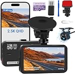 Caméra de tableau avant et arrière, caméra de tableau avec contrôle Wi-Fi/app avec carte de 64 Go, caméra de tableau 2,5K avant + 1080P arrière avec vision nocturne super, enregistrement en boucle, capteur G, prend en charge jusqu'à 256 Go max