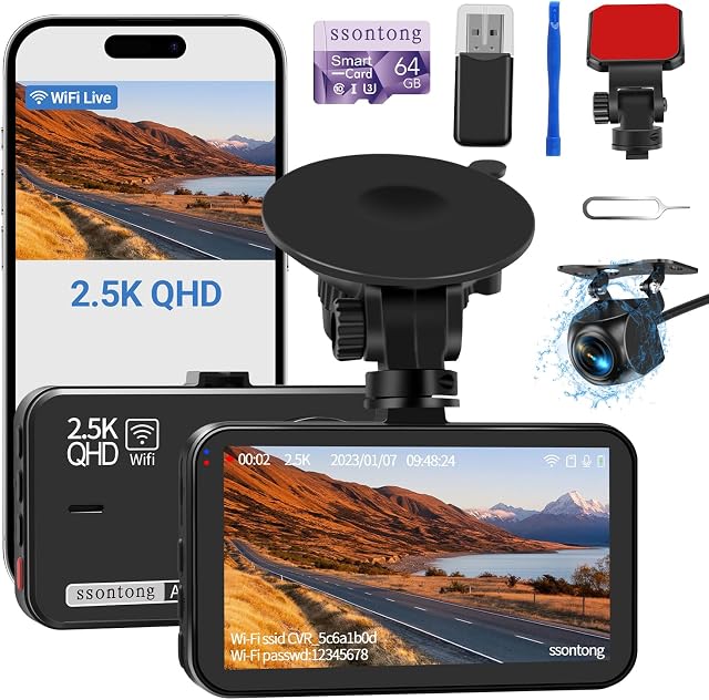 Caméra de tableau avant et arrière, caméra de tableau avec contrôle Wi-Fi/app avec carte de 64 Go, caméra de tableau 2,5K avant + 1080P arrière avec vision nocturne super, enregistrement en boucle, capteur G, prend en charge jusqu'à 256 Go max