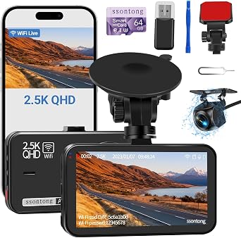 Dash Cam Front and Rear, 2.5K Front 1080P Rear WiFi App Control w/64GB Card