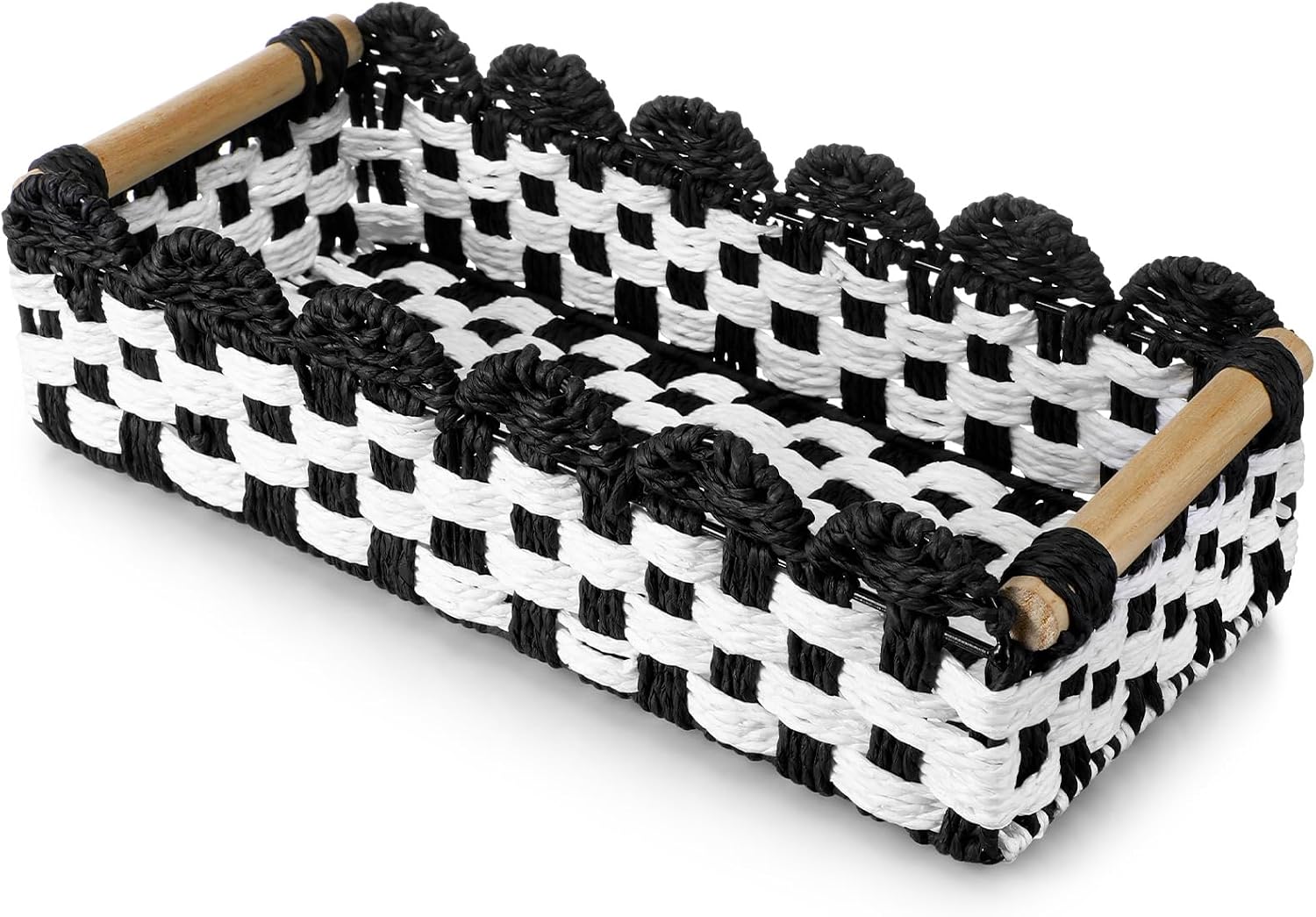 Black and White Checkered Bathroom Decor Basket Woven Paper Storage Basket with Handles Drawer Dresser Baskets Scalloped Wicker Tank Back of Toilet Organizer Bin for Shelves Countertops