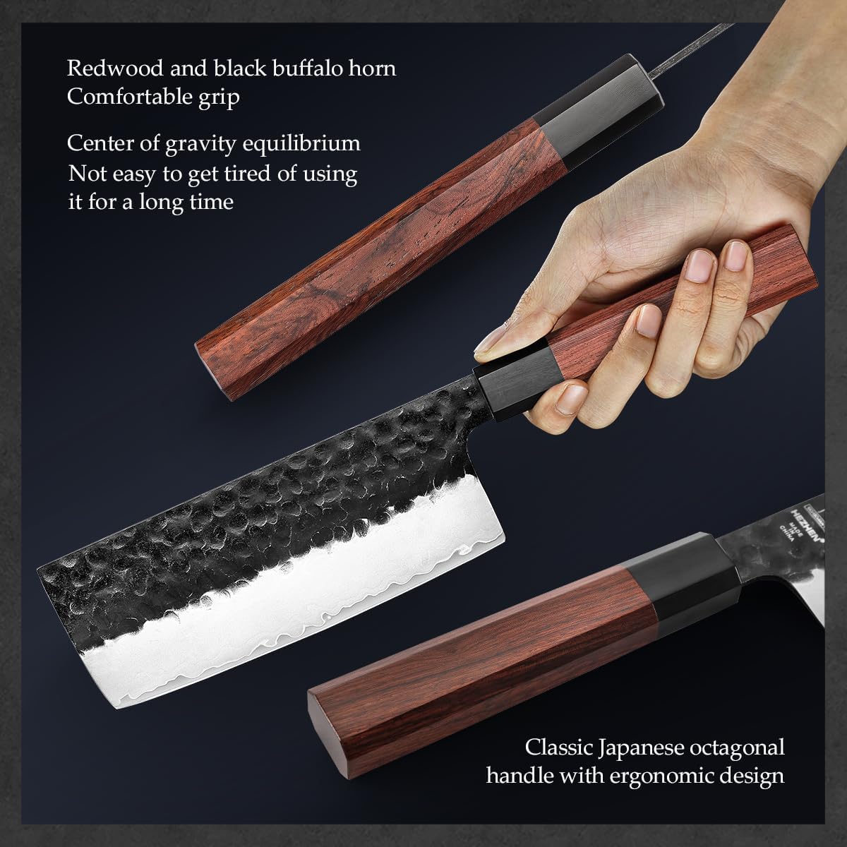 HEZHEN Kitchen Knife Set 4PCS, Clad Steel Chef Knife Nakiri Forged Steel Santoku, Wooden Octagonal Handle