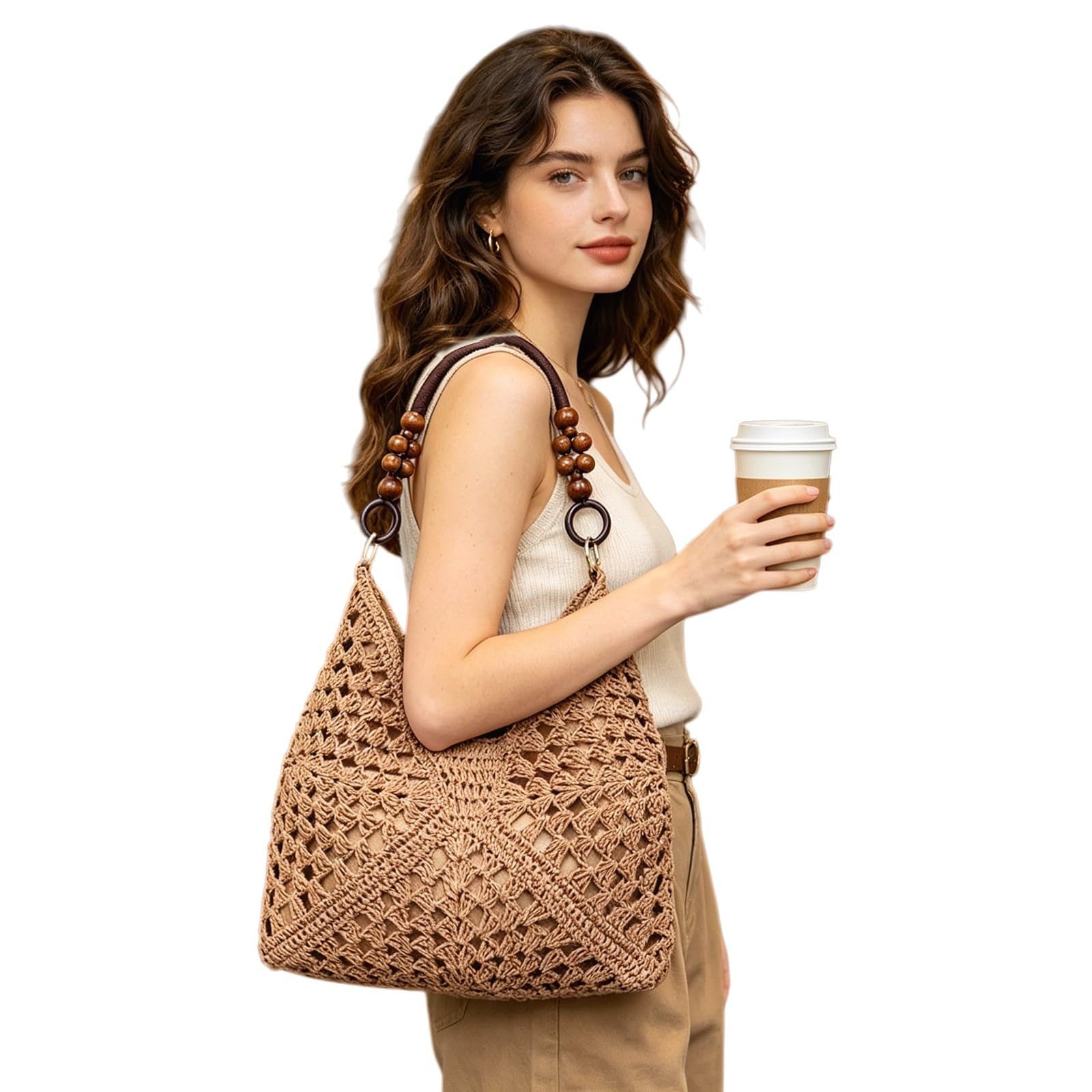 Sacs en Paille à Perles, Sac Bucket en Crochet pour Femmes, Sac à Épaule Tissé pour Été, Accessoire de Plage et Vacances