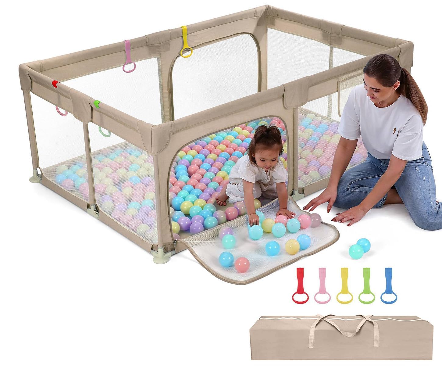 Dripex Laufgitter für Babys, Laufstall mit atmungsaktivem Netz, Spielgitter für Babys, 5 Laufgitterringe, 120 x 180 cm, Braun