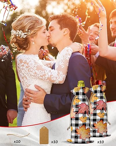 Miniatura 6 de 10 bolsas de regalo de vino, Día de Acción de Gracias, acuarela, hojas de arce, estampado de hojas de arce en blanco y negro, bolsas para botellas