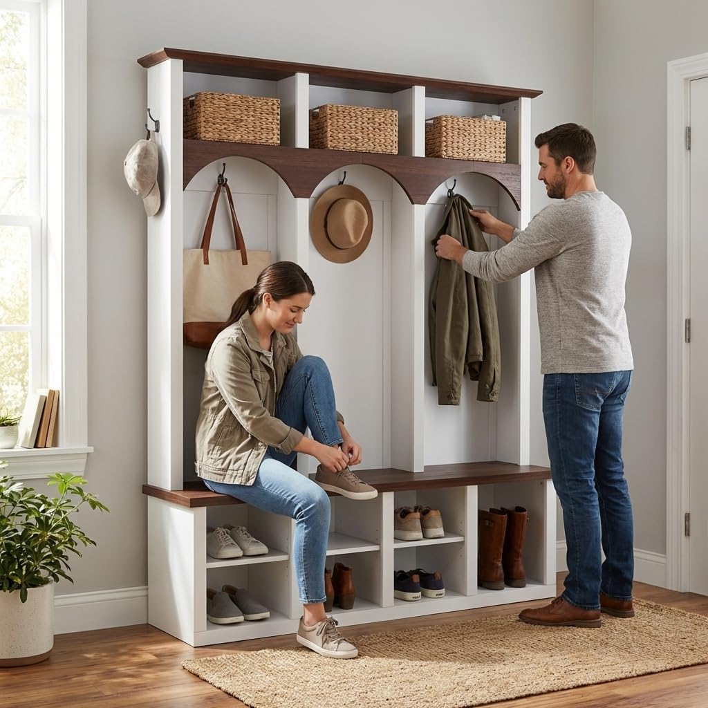 Farmhouse Wooden Style Hall Tree with Arched Design, Entryway Storage Bench with 5 Black Hooks and 7 Cubbies for Shoe Storage