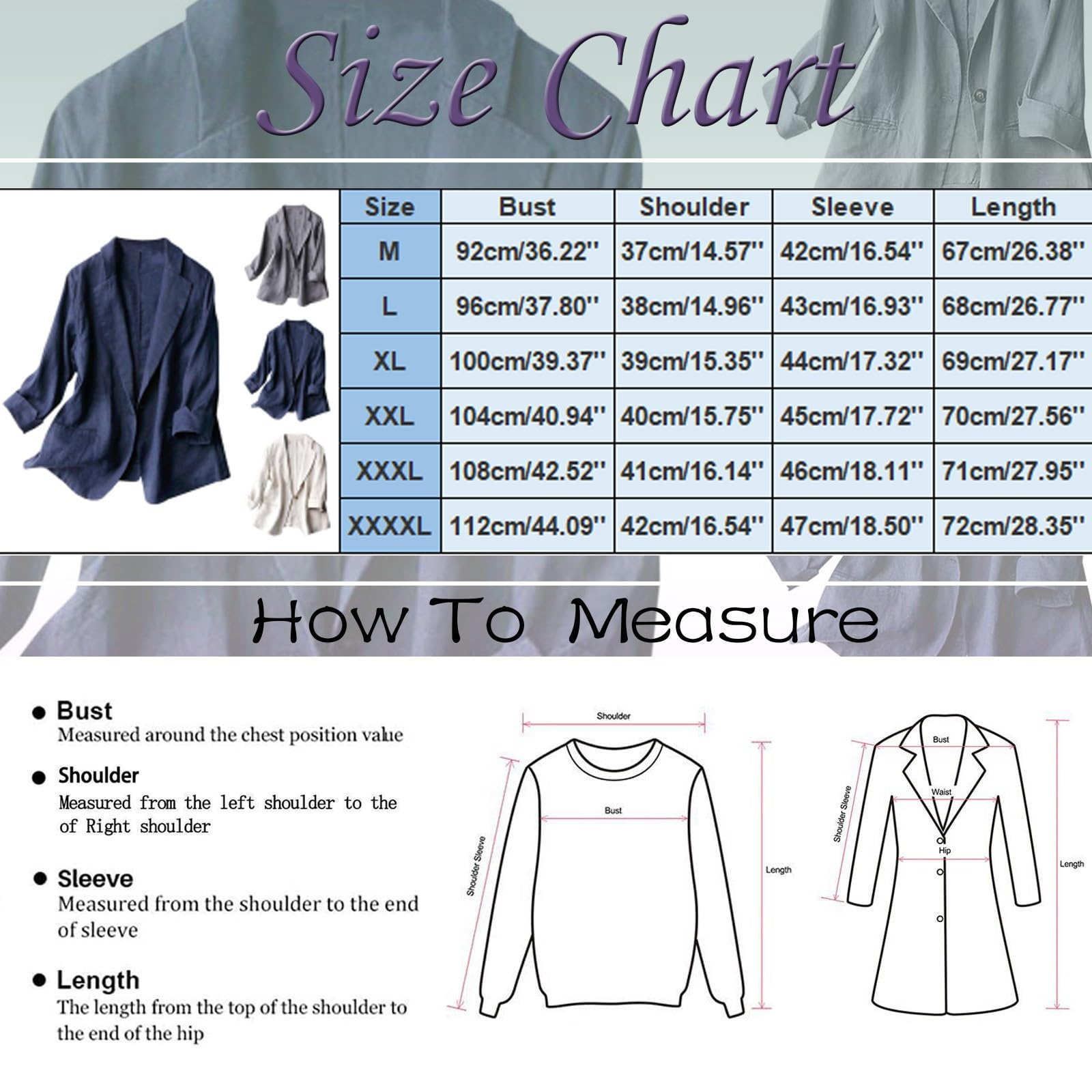 Generisch Blazer élégant pour femme - Grande taille - Coupe ajustée - Coton et lin - Couleur unie - Manches 7/4