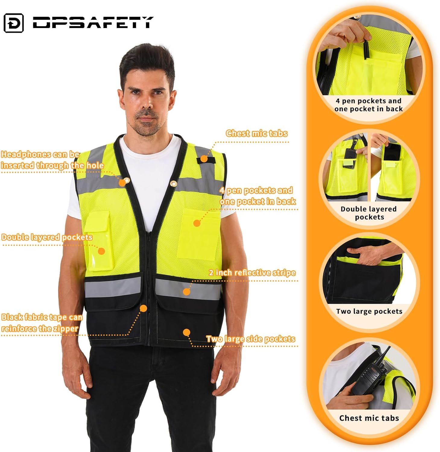 Reflective Safety vest With back plan pocket,High visibility Class 2 Heavy Duty Surveyor Vest with Zipper,Hi Vis Construction Work Vest for Men&Women ANSI/ISEA(Yellow-Bottom,XL) - Image 3