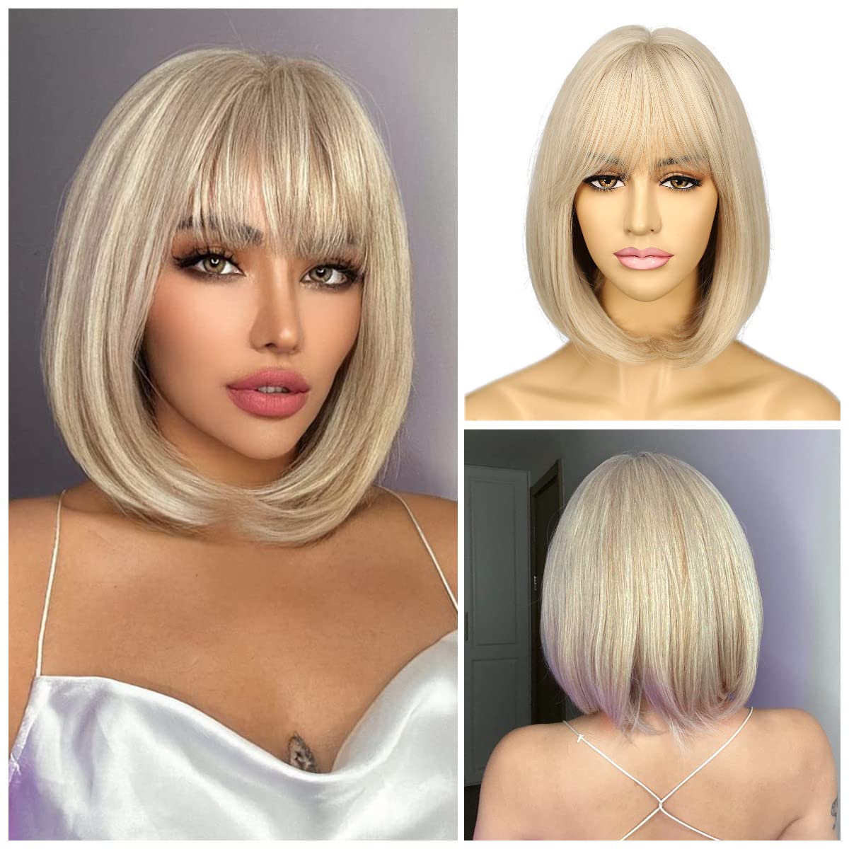 Sapphirewigs Blonde Perücke für Frauen Perücke mit Bangs Kurze Blonde Bob Haare Tägliche Party Natürliche aussehende 12 inch