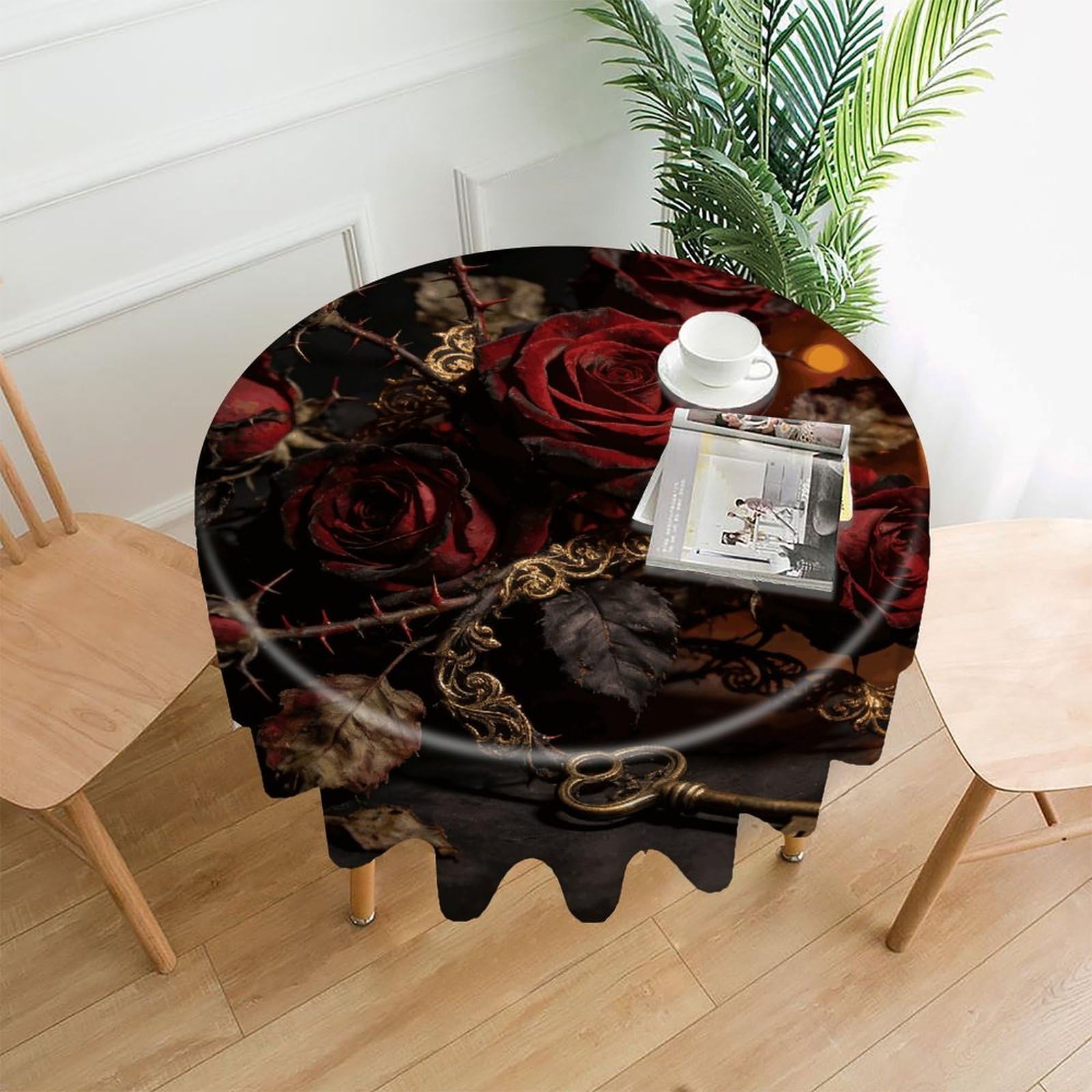LZQPOEAS Gothic Vintage Flower Tablecloth Easy to Clean Polyester Round Table Cover Washable Round Table Cloth Wrinkle-Free Circle Decoration Tablecloth for Kitchen and Dining Room 60"