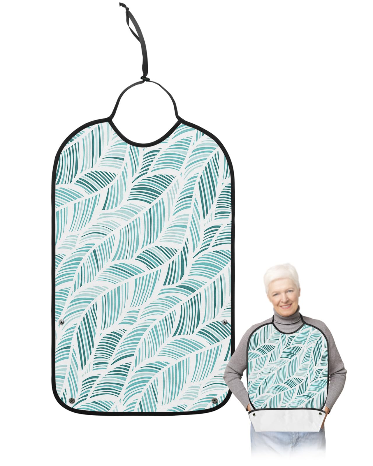 Onekaccu Abstract Aqua Leaf Adult Bibs for Elderly Women Men Washable Bibs for Eating, Waterproof Clothing Protectors Adult Bibs with Crumb Catcher Modern Minimalism Geometry Lines