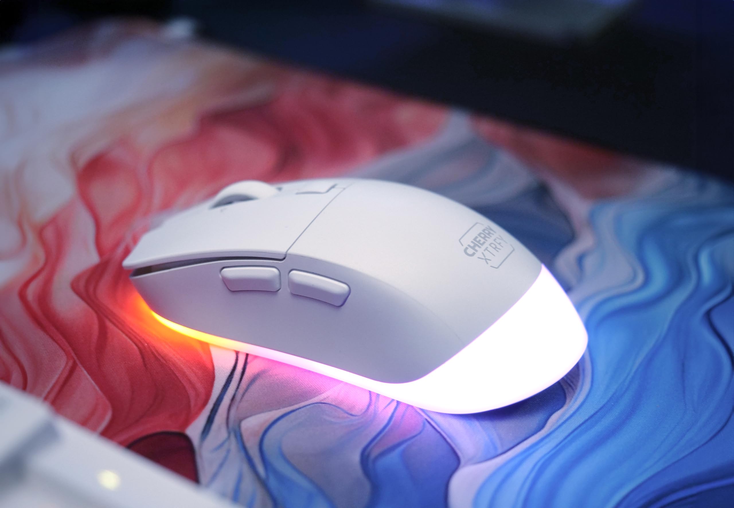 CHERRY XTRFY M50 Wireless, Ratón Inalámbrico para Juegos, Conexión por 2,4 GHz, Bluetooth y Cable, Forma Ergonómica, Iluminación RGB, Recargable, Blanco