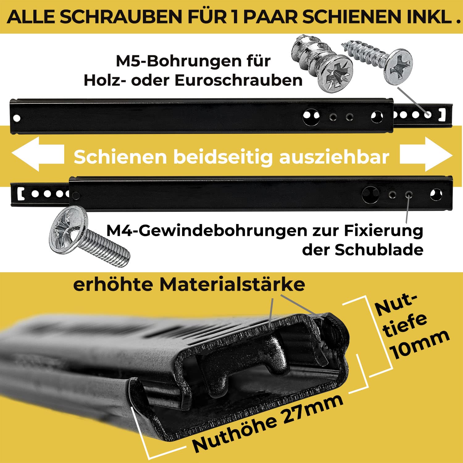 1 Pair of Drawer Runners 27 mm (2 Pieces) Length 278 mm Steel Black Rails for Drawers Drawer Slides Ball Drawer Rail System Extension Runners Partial Extension Including Screw Set Neuhall - Image 4