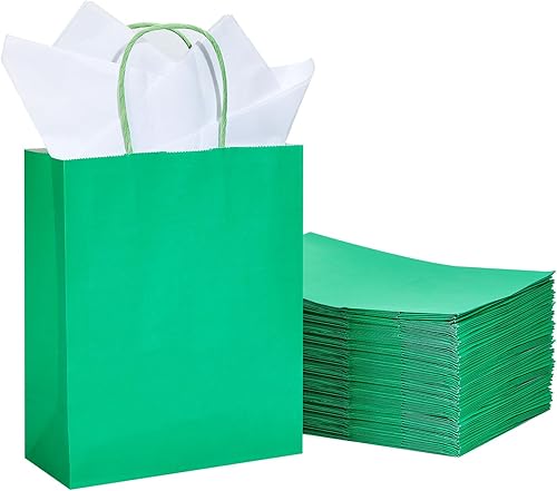 Miniatura 1 de Paquete de 50 bolsas de regalo de papel verde de tamaño mediano con asas y 50 papel de regalo de papel blanco para pequeñas empresas, cumpleaños,