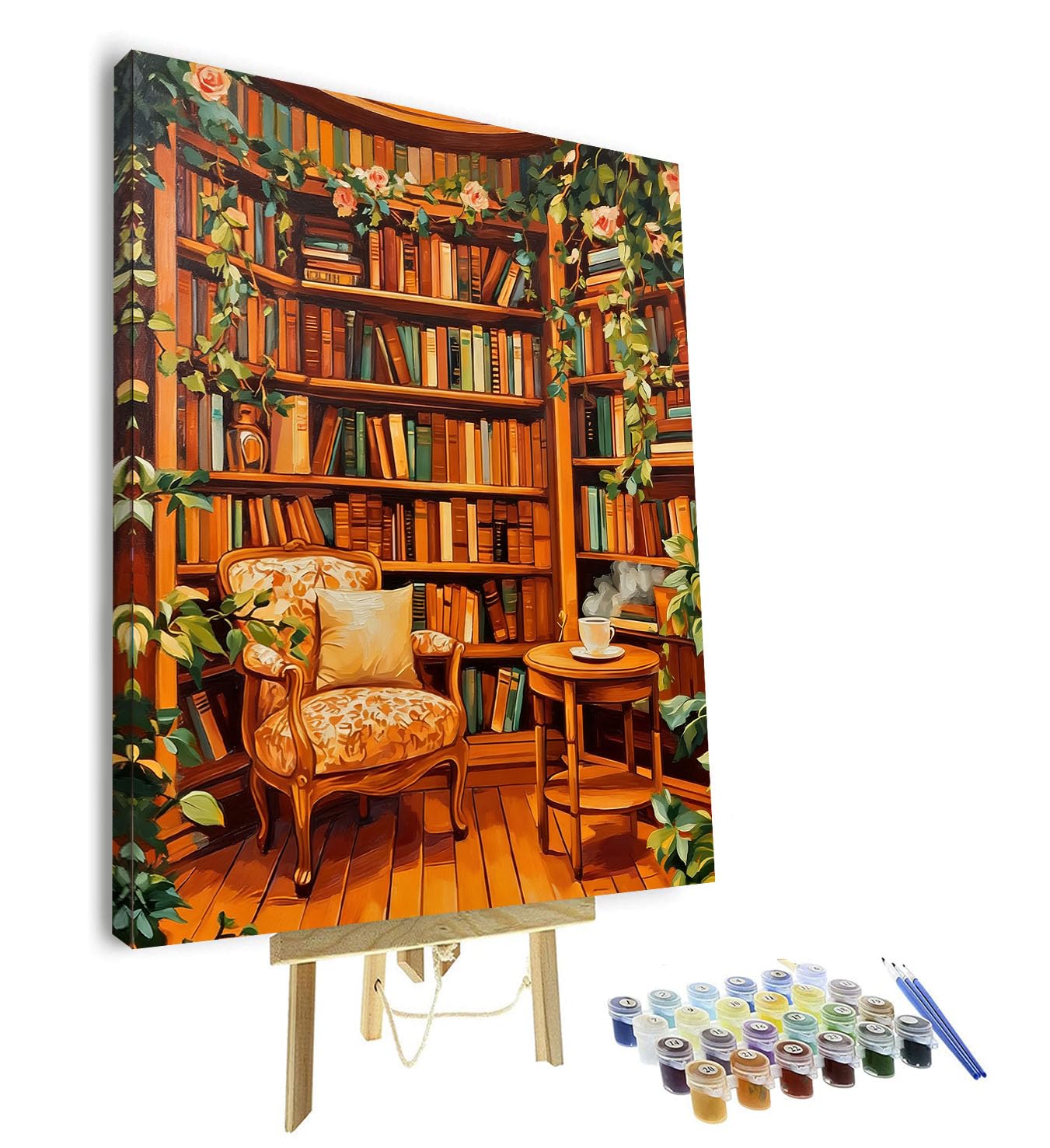 TISHIRON Paint by Numbers Kit for Adults, Adult Paint by Number - Bookshelf with Books and Plants, Color by Number Canvas Art for Home Office Decor(16x20 Inch, Framed)