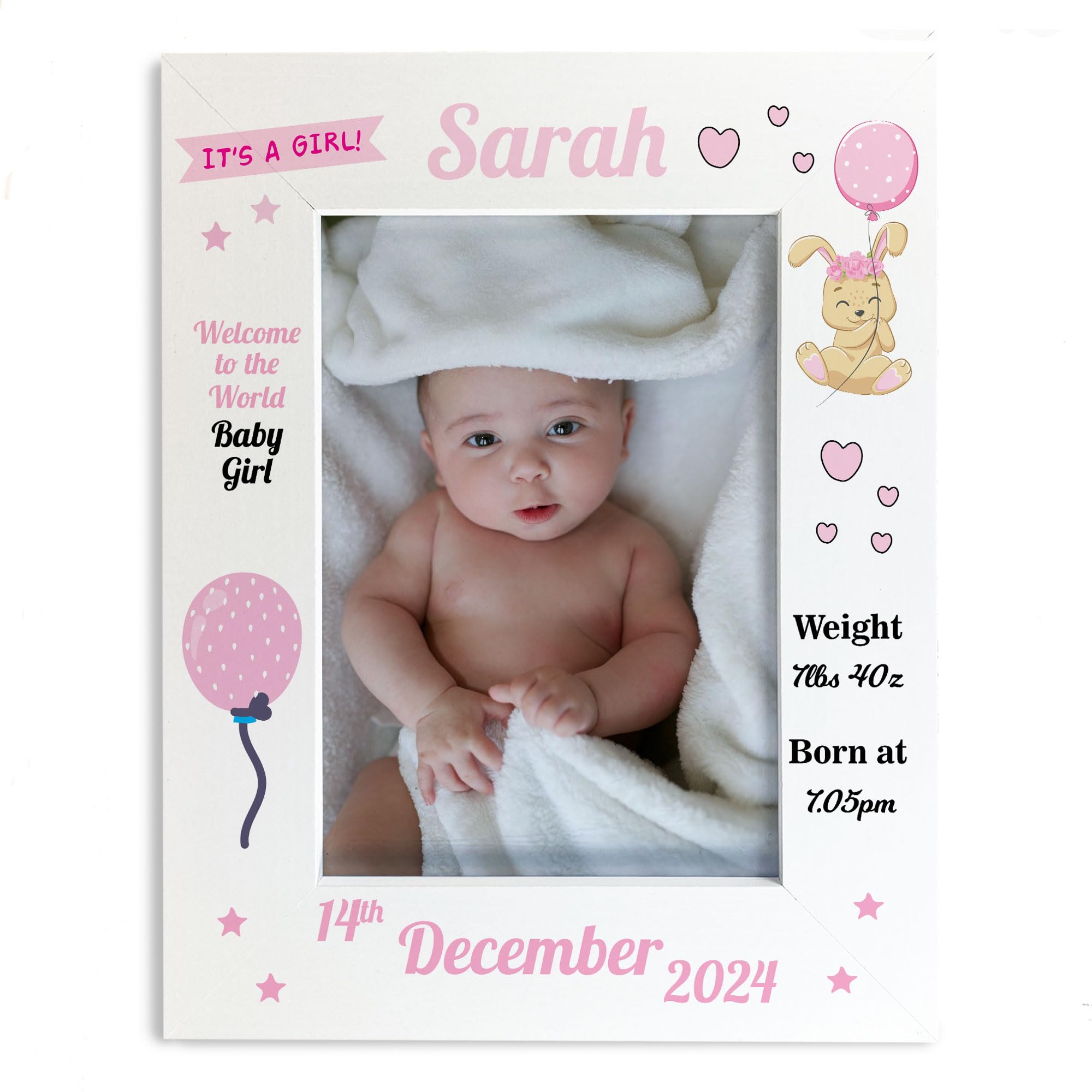 Personalised Baby Girl Photo Frame With Birth Details and Cute Design New Baby Gift Nursery Photo Frame Baby Photo Frame Gift For New Mummy Daddy Keepsake (Design 4)
